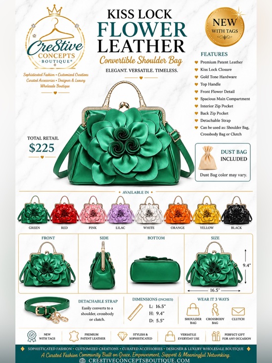 Cre8tive Concepts Boutique Handbags - Exquisite Leather Flower Kiss-Lock Handbag
